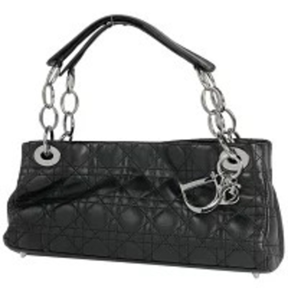 Christian Dior Cannage Chain Handbag Tote Bag Leather Black